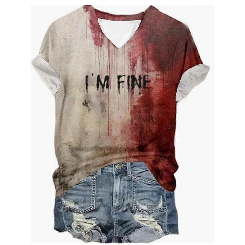 I'M FINE Halloween T-shirt i sukienka na Halloween, krwawa koszulka damska z okrągłym dekoltem / dekoltem w szpic Halloween L