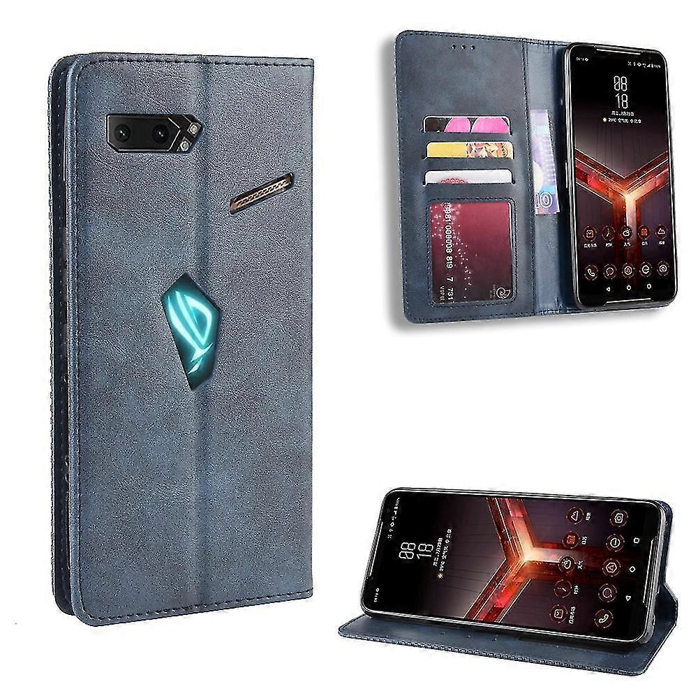 Retro Automatycznie wchłaniany pokrowiec na portfel ze skóry PU do Asus ROG Phone II ZS660KL Niebieski