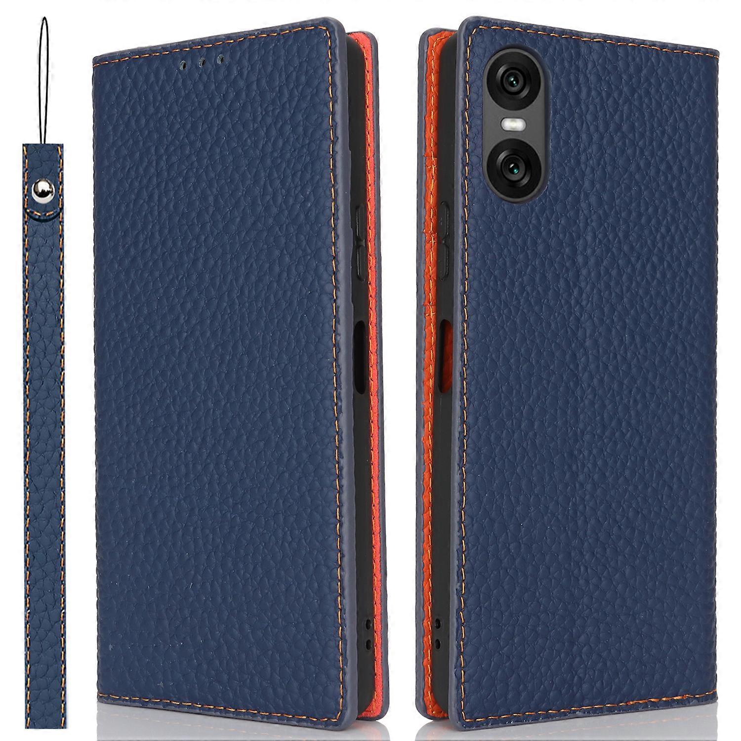 Do Sony Xperia 10 VI Case Prawdziwy portfel ze skóry bydlęcej Stojak na telefon Ciemny niebieski