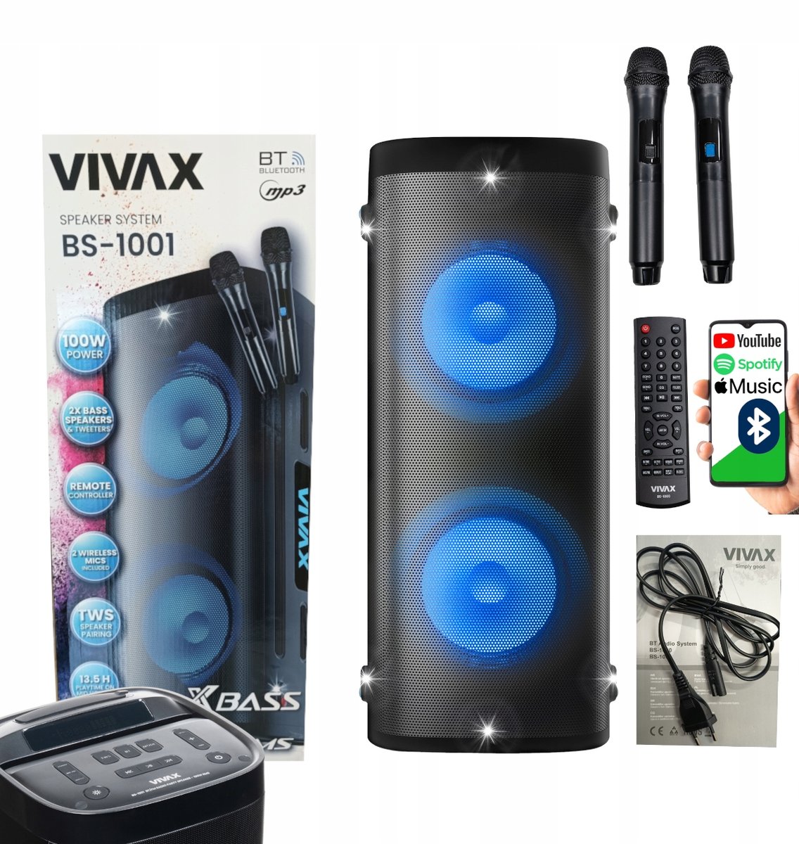 Vivax BS-1001 100W Pilot 2 Mikrofony Karaoke LED AUX USB