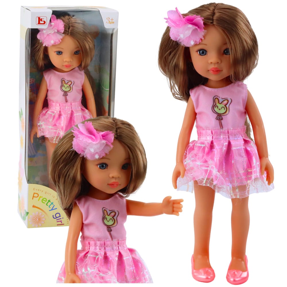 Lalka W Różowej Sukience Długie Brązowe Włosy Spinka Kwiat