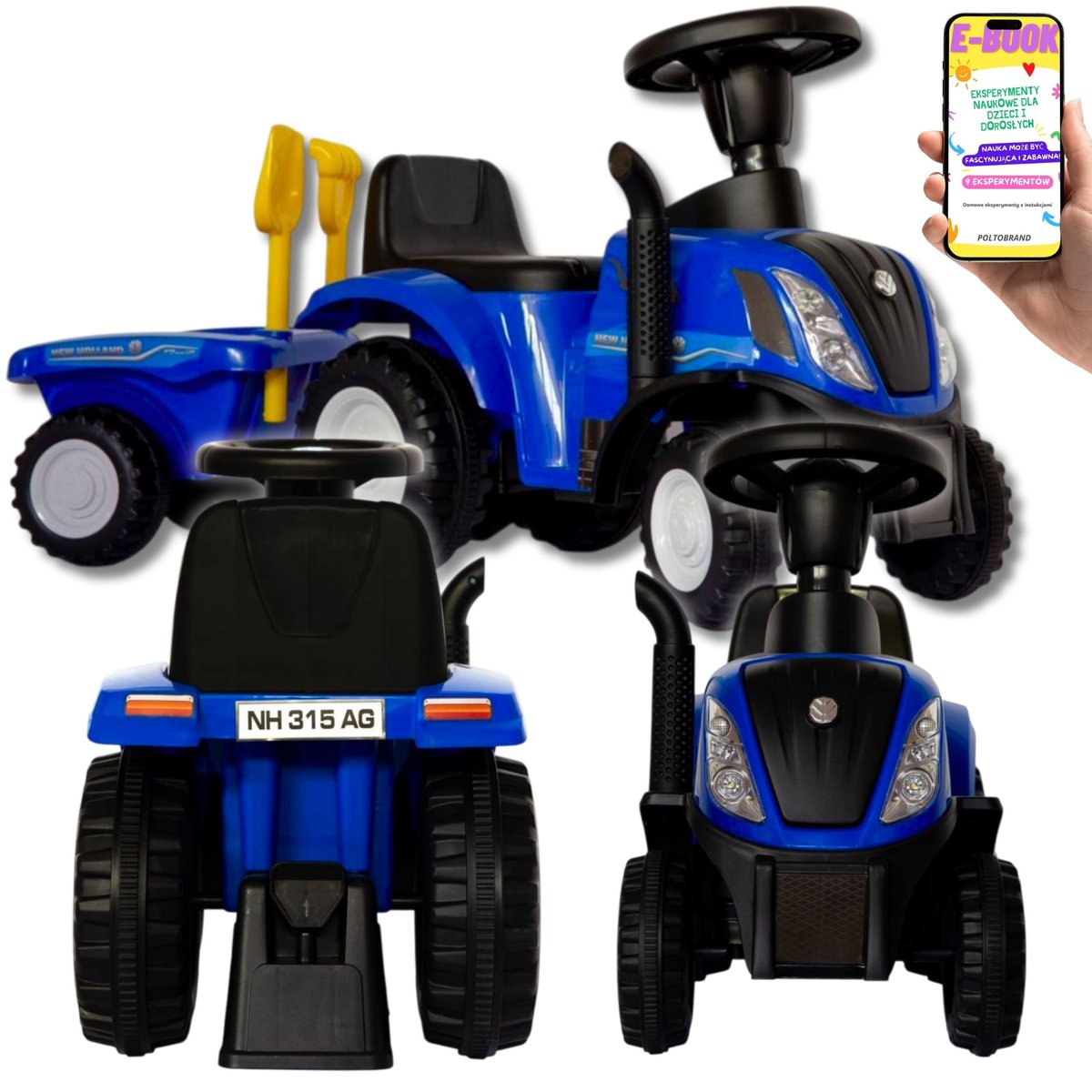 Jeździk Traktor z Przyczepką i Efektami Świetlno-Dźwiękowymi NEW HOLLAND PREZENT DLA DZIECKA + EBOOK