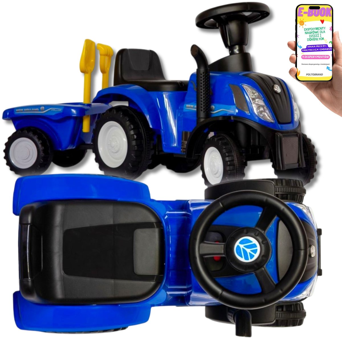 Jeździk Chodzik Odpychacz Traktor Z Przyczepką i Funkcjami Dźwiękowymi Oraz Świetlnymi NEW HOLLAND Żółty PREZENT DLA SYNA + EBOOK