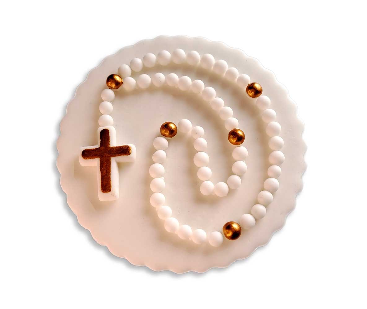 Plakietka cukrowa różaniec na tort Komunia Chrzest biało-złota