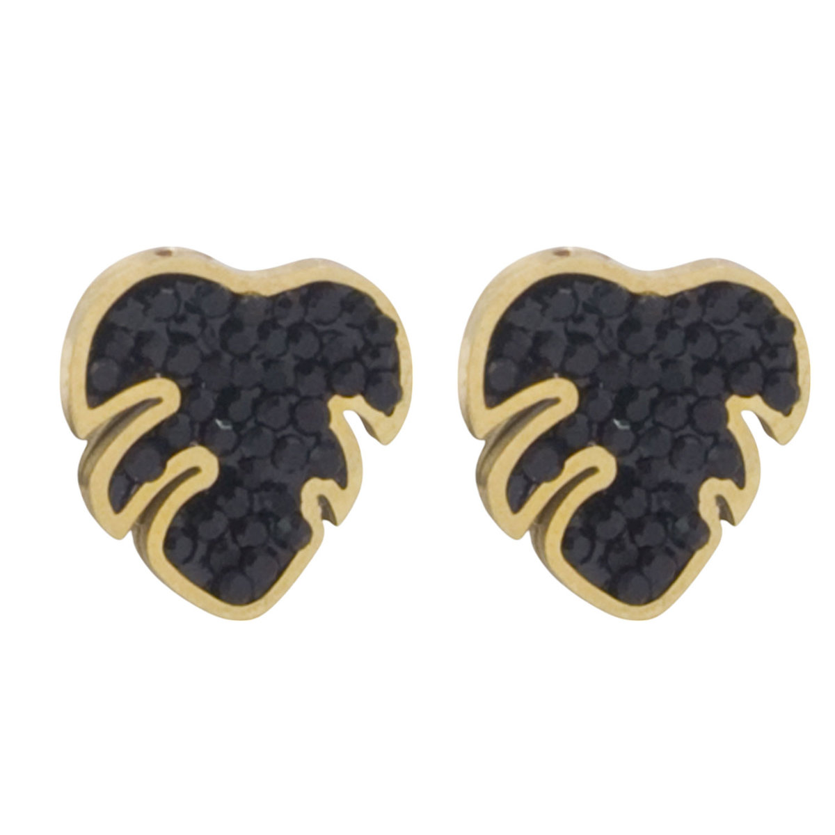 Kolczyki złote na sztyft lisc monstera czarne cyrkonie