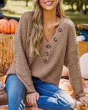 Cupshe Jasnobrązowy sweter z dekoltem w serek i długim rękawem Henley - S