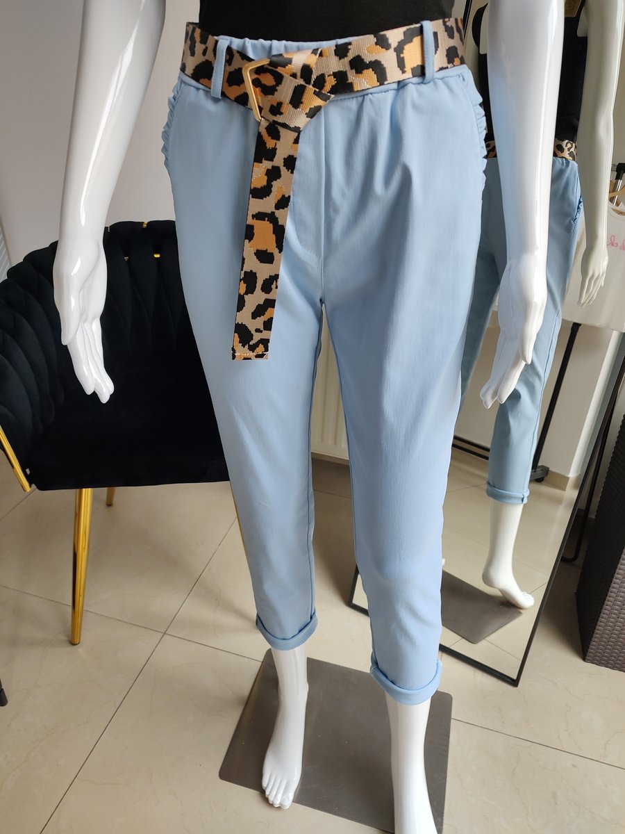 Wiskozowe spodnie z falbanką - błękitny L