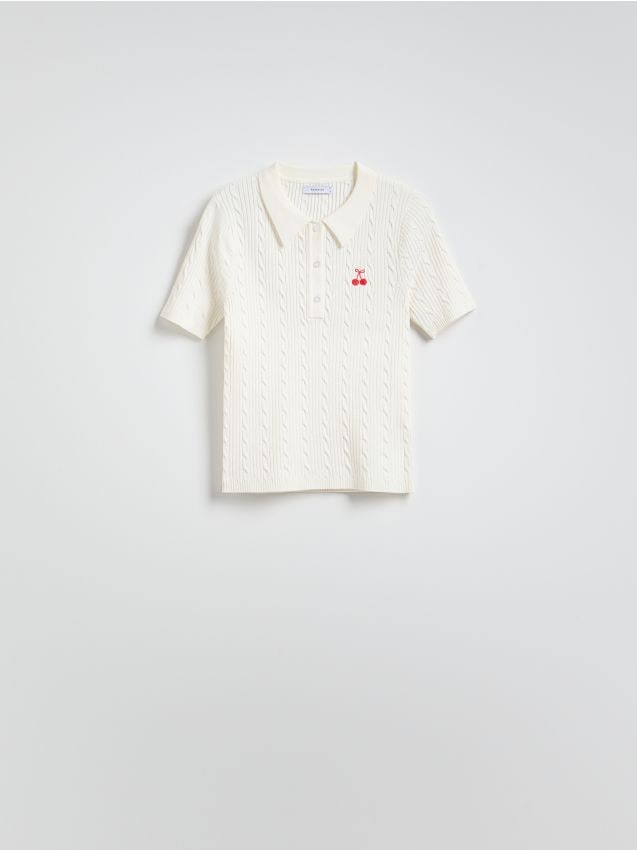 Reserved - T-shirt polo z wiskozą - kremowy