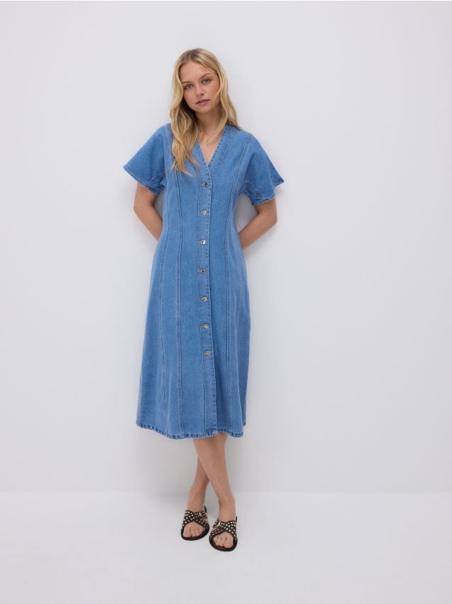 Reserved - Jeansowa sukienka midi z lyocellem - niebieski