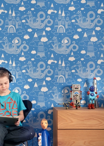 Tapeta dla dzieci Niebieska w Smoki