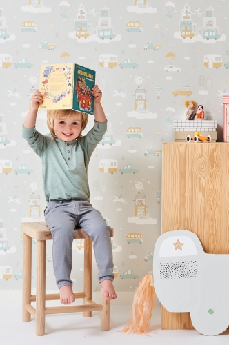 Tapeta dla dzieci Jasno Szara z Głową w Chmurach