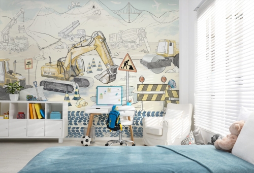 Plac Budowy Mural Blue Tapeta dla Chłopca z Maszynami Budowlanymi