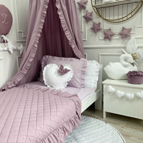 PIKOWANA NARZUTA 90x200cm CIEMNA LAWENDA Z FALBANĄ