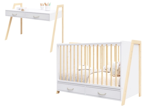 Łóżeczko dziecięce i Biurko biało-sosna 2w1 Luna 120x60