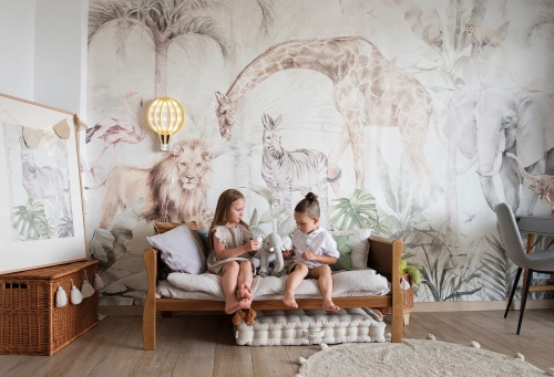 Serengeti Sage Green Tapeta dla dzieci Dżungla Safari z Liśćmi i Zwierzętami