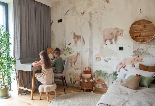 Woodlet Family Green Tapeta dziecięca z Lasem i Zwierzątkami