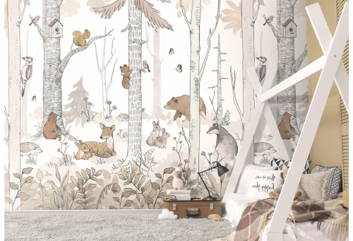 Forest Mural Sepia Tapeta z Lasem i Zwierzętami