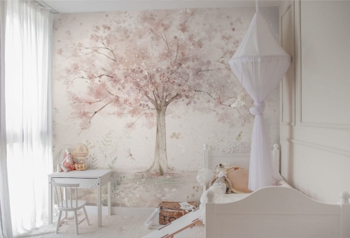 Merry Cherry Powder Tapeta dla Dziewczynki z Kwiatami i Drzewem