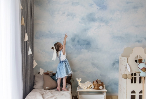 Zephyr Blue Delikatna Tapeta dla dzieci w Akwarelowe Chmury