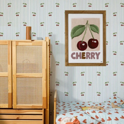 Tapeta dla dziewczynki w paski biało-niebieskie z wisienkami