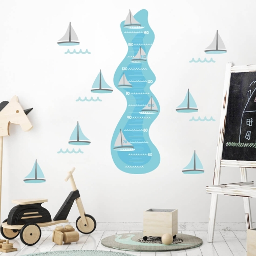 Naklejka ścienna żaglówki niebieskie - miarka wzrostu