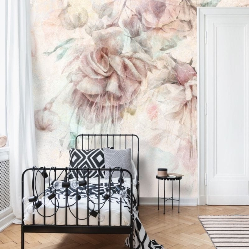 Tapeta w wielkie kwiaty z kolibrem swingtime fuchsia pastel colibri pastelowa