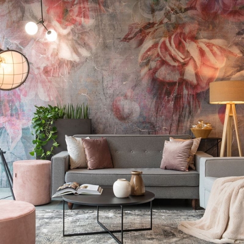 Tapeta dla dziewczynki w wielkie kwiaty z kolibrem swingtime fuchsia grey colibri szara