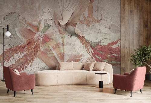 Tapeta panama peach w egzotyczne kwiaty pudrowa do pokoju nastolatki