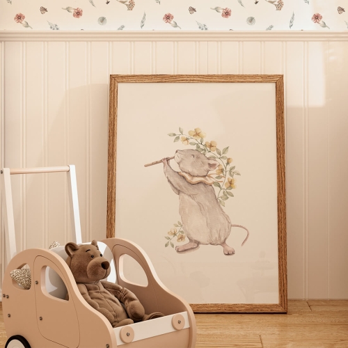 Plakat dla dzieci myszka z fletem retro