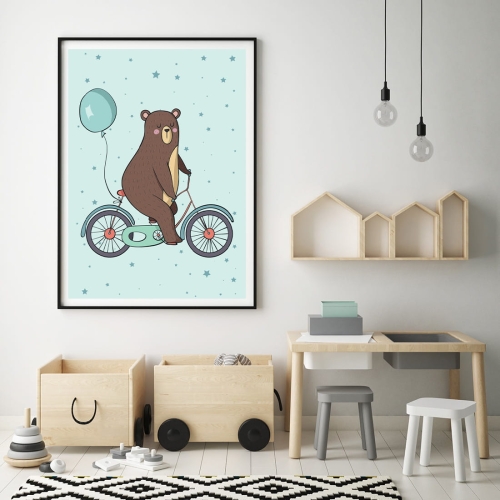 Plakat dla dzieci miętowy miś na rowerze