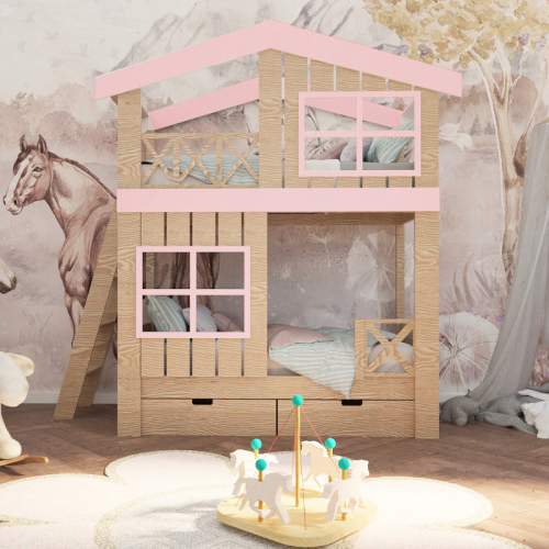 Łóżko piętrowe ze sklejki Tree House z oknem i dachem