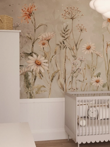 Mural Polne Kwiaty Retro – Tapeta Minimalistyczna zielona