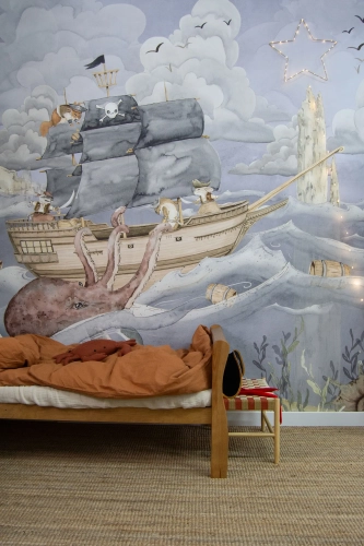 PIRATE STORY – Tapeta ze statkiem pirackim mural niebieska