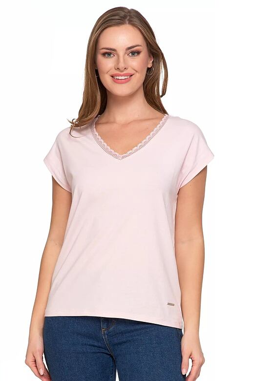 T-shirt damski z koronką jasnoróżowy L