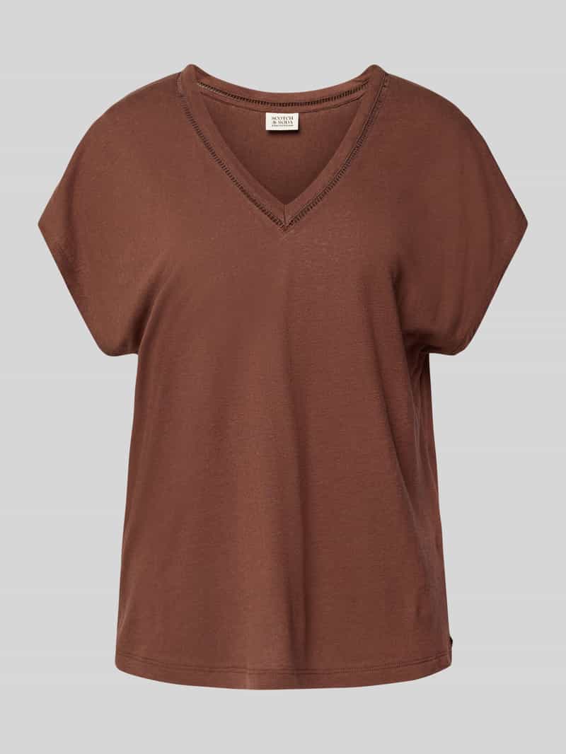 T-shirt lniany z dekoltem w serek