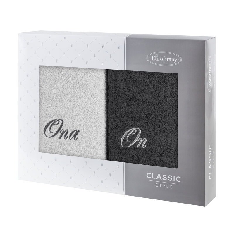Komplet ręczników w pudełku 2 szt 70x140 On Ona srebrny stalowy