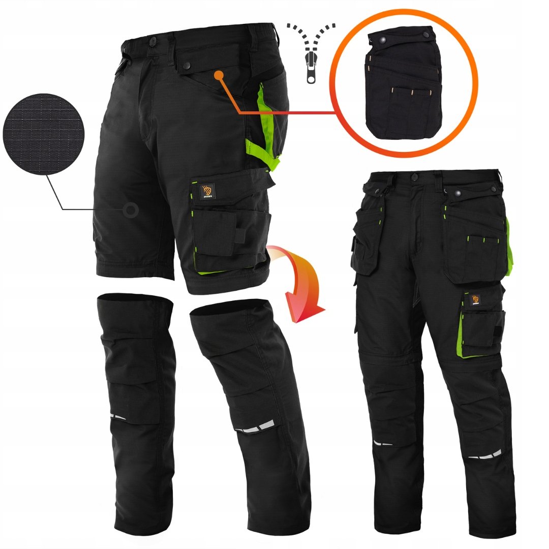 SPODNIE ROBOCZE monterskie męskie 2w1 KRÓTKIE SPODENKI odpinane czarne