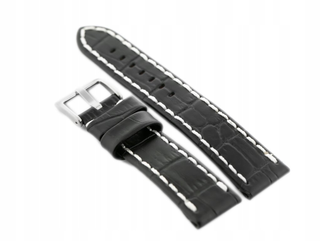 Pasek skórzany do zegarka W49 - czarny/białe 20mm