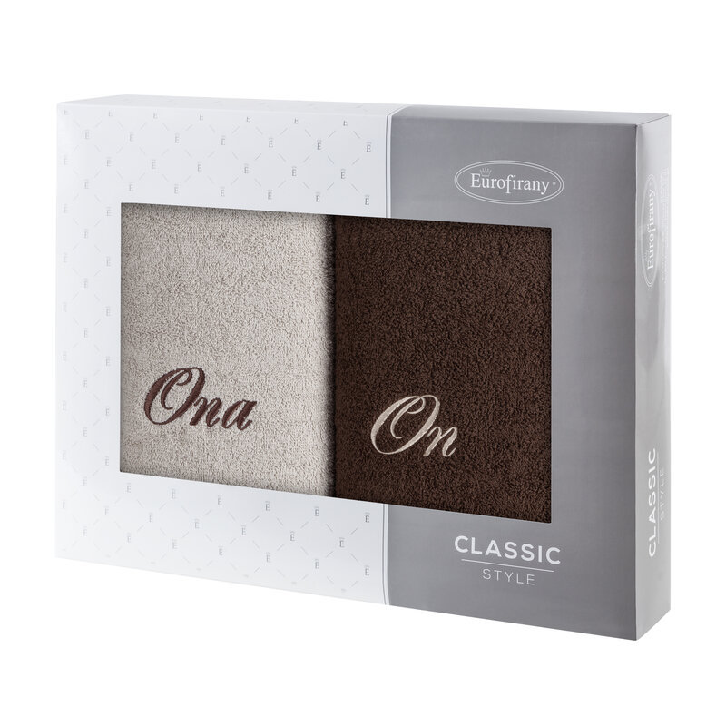 Komplet ręczników w pudełku 2 szt 50x90 On Ona beżowy brązowy