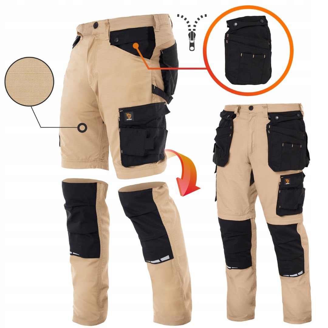 SPODNIE ROBOCZE monterskie męskie 2w1 KRÓTKIE SPODENKI odpinane Khaki