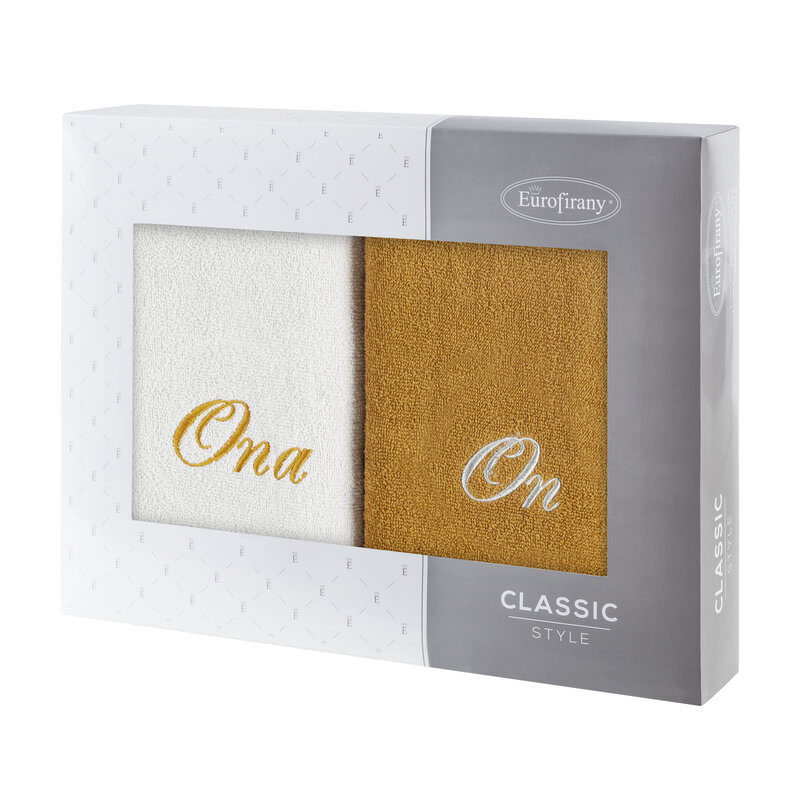 Komplet ręczników w pudełku 2 szt 70x140 On Ona srebrny musztardowy