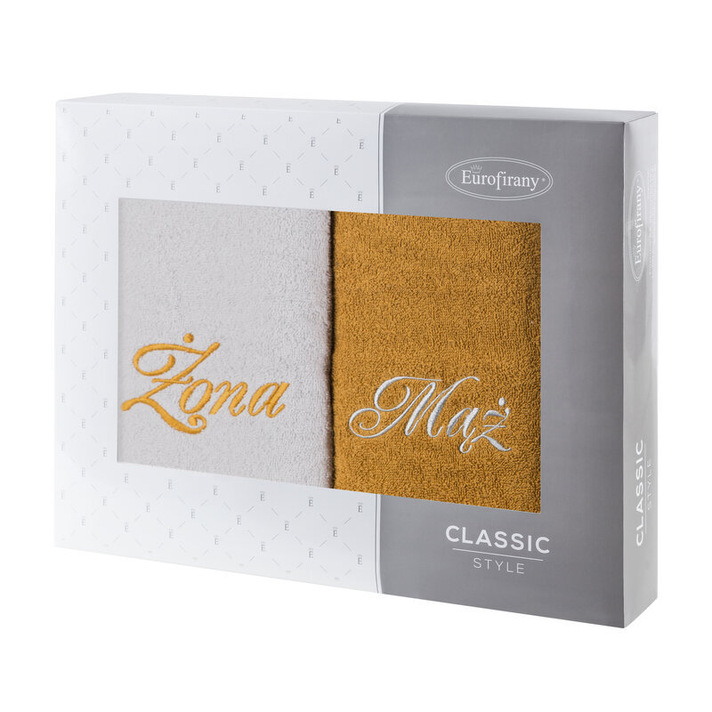 Komplet ręczników w pudełku 2 szt 70x140 Mąż Żona srebrny musztardowy