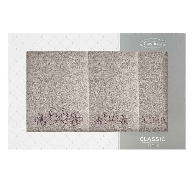 Komplet ręczników w pudełku 3szt. Lila beżowy brązowy kwiaty 400 g/m2