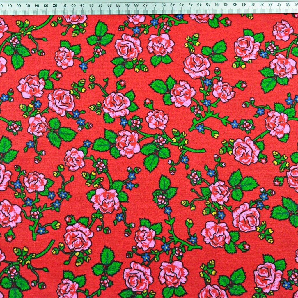 Tkanina bawełniana wzór krakowski róże na czerwonym