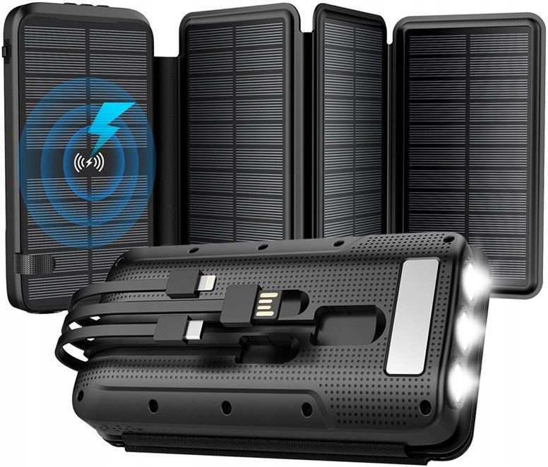 POWERBANK 4 xSOLAR PANEL 6W 30000 22,5W ŁADOWANIE INDUKCYJNE LATARKA 5xUSB