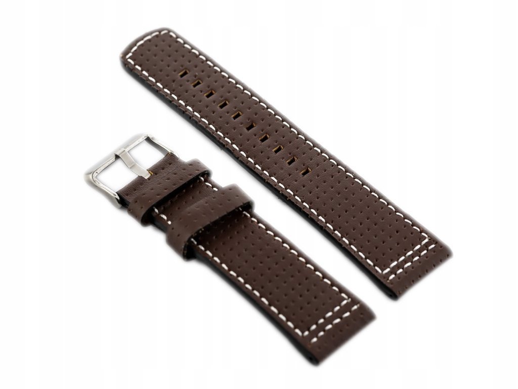 Pasek skórzany do zegarka W40 brązowy/biały - 24mm
