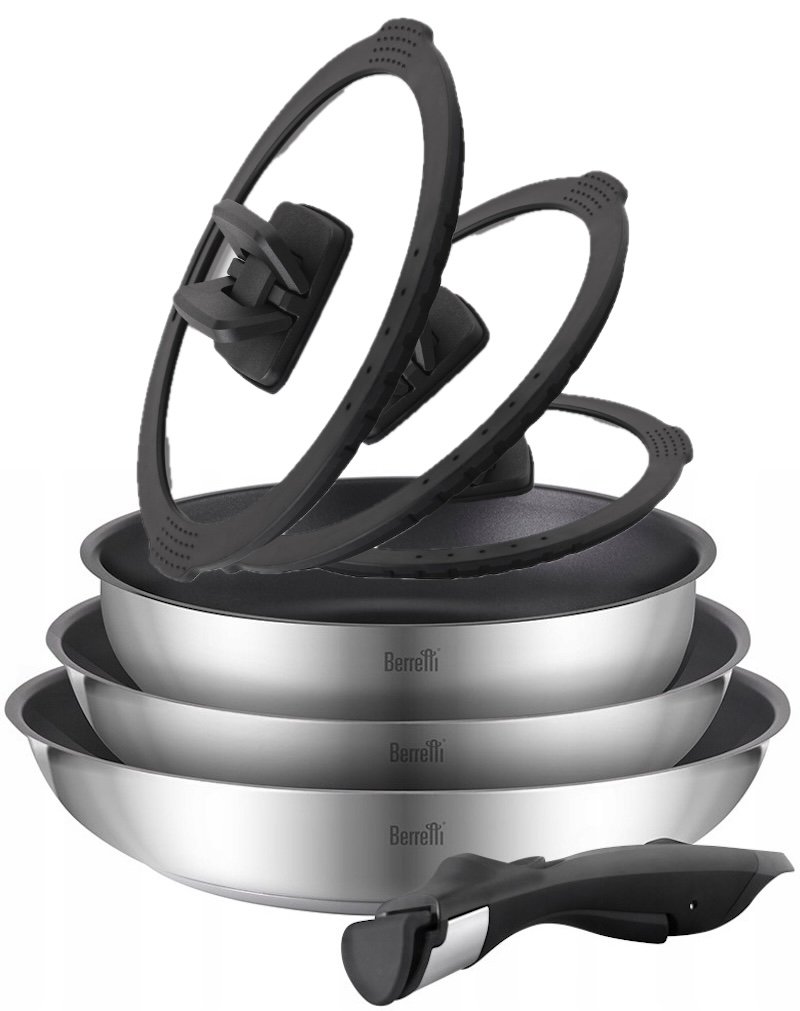 BERRETTI COMODO Zestaw patelni 20/24/28 cm z odpinanym uchwytem + pokrywki 20/24/28 cm