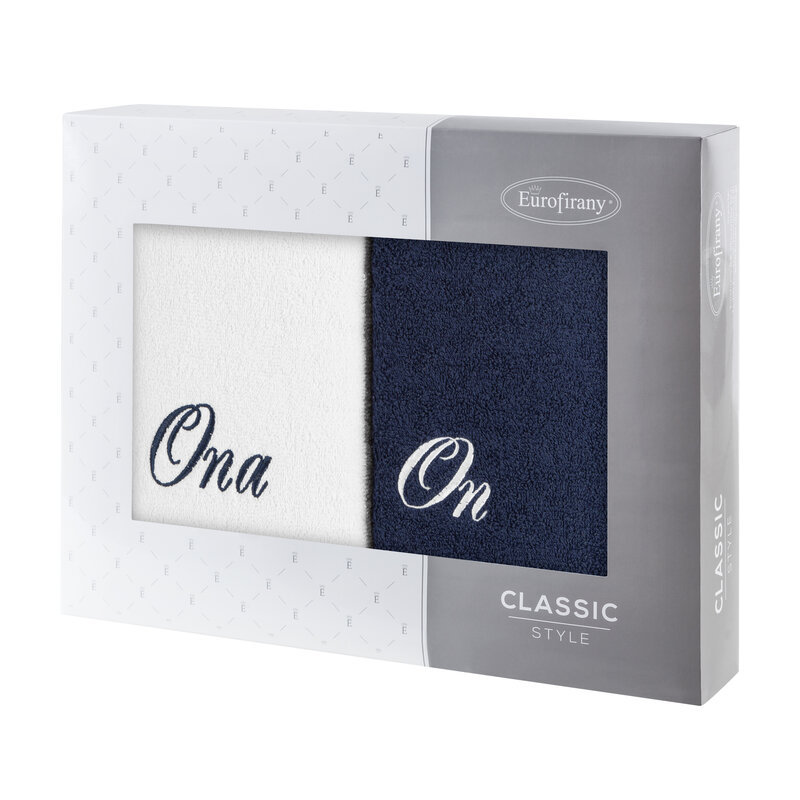 Komplet ręczników w pudełku 2 szt 50x90 On Ona biały granatowy