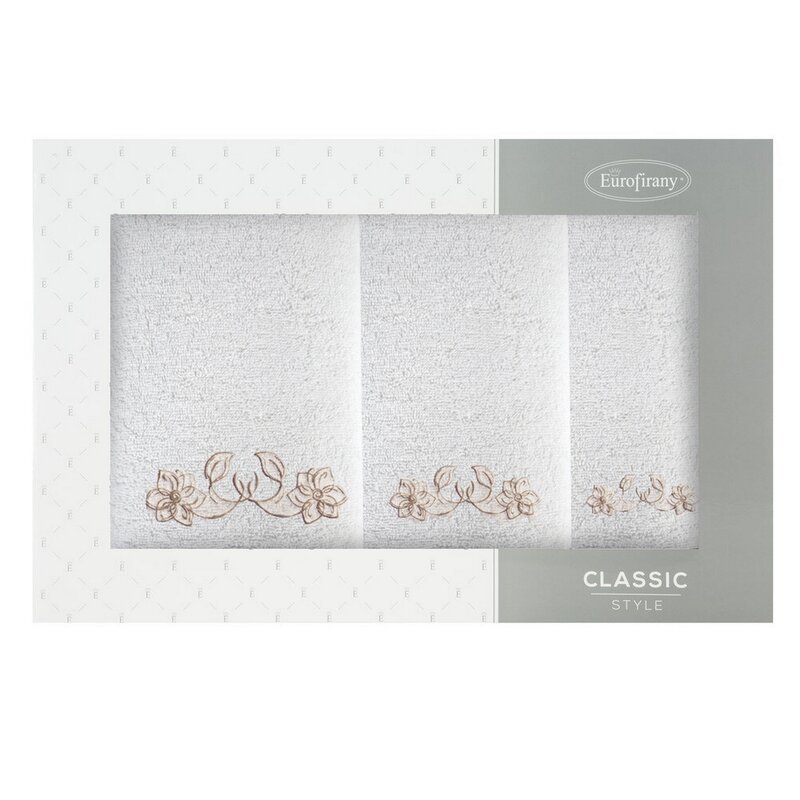 Komplet ręczników w pudełku 3szt. Lila kremowy beżowy kwiaty 400 g/m2