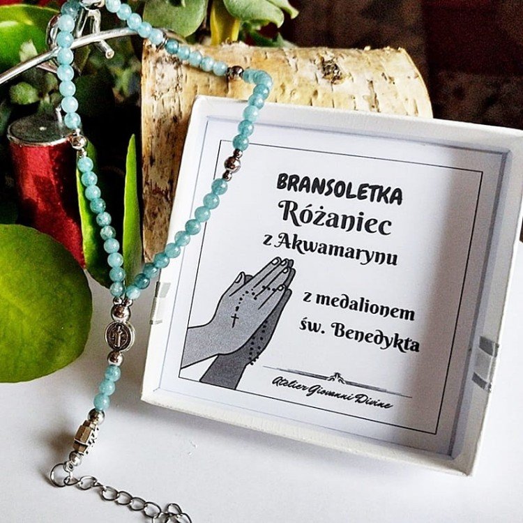 Bransoletka Damska RÓŻANIEC na rękę z AKWAMARYNU medalion św.Benedykta/GiovanniDivine